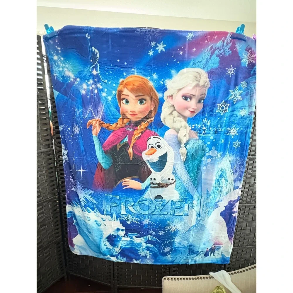 Disney‎ Frozen Anna Elsa Olaf Plush Throw Blanket Blue Purple 60x50